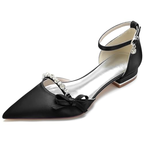 Womens Low Heel Bridal Flats Satin Pointed Toe Rhinestone Bow Ankle Strap Wedding Dress Shoes