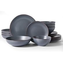 Famiware Venus Speckled Dinnerware Set with Pasta Bowls, Service for 4 (16 Pieces), Stoneware Plates and Double Bowls Sets, Microwave & Dishwasher-Safe Dishes with Trim, Matte Charcoal