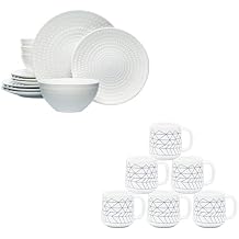 BZYOO 12 Piece Ceramic Dinnerware Set Serive for 4 Porcelain Plates and Bowls for Dining Pearl White + Ceramics 14oz Coffee Mug Set of 6