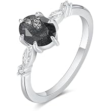 Natural Moss Agate Ring for Women Black Rutilated Quartz 925 Sterling Silver Art Deco/Vintage Gemstone Bridal Wedding Engagement Promise Ring for Her Size 4-9