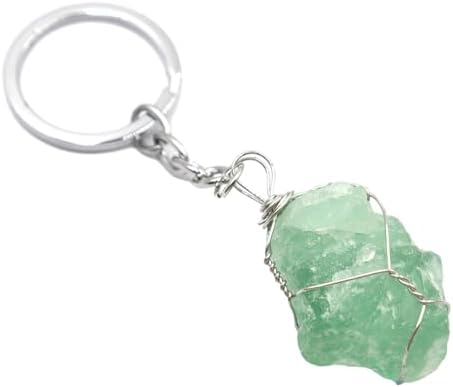 Fashion Green Fluorite Stone Keychain Irregular Pendant Gray Wrap Wire Key Holder,Gemstone Crystal Key