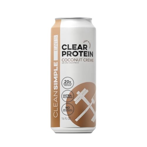 Clean Simple Eats Clear Protein Water, 20G Grass Fed Whey Protein, Ultra Filtered, Light & Refreshing Beverage, Low Lactose, No Artificial Ingredients, Coconut Creme Flavor, 16 Oz Cans, 12 Pack