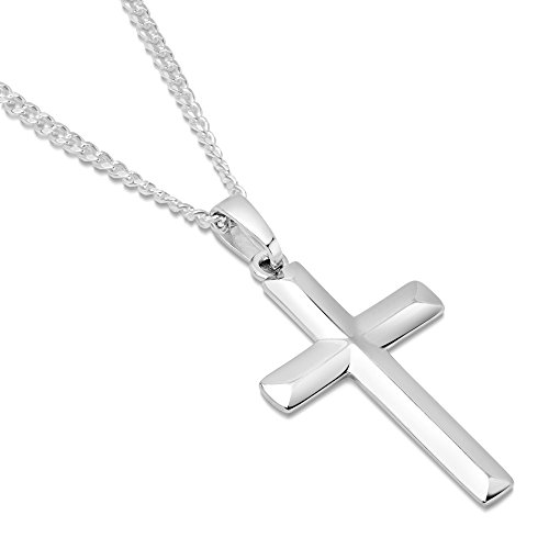 Mens Sterling Silver Cross Pendant Curb Link Chain Necklace Italian Made - Choose Width and Length