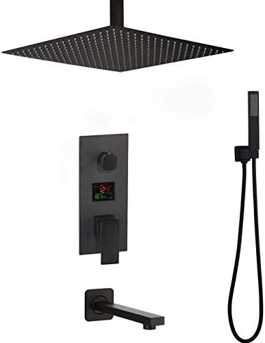 Bathroom Shower System,3-Functions Black Digital Shower Faucets Set Rainfall Shower Head Digital Temp Display Mixer Tap Swivel Tub Spout Bath Shower,Luxury Shower Se,10inch
