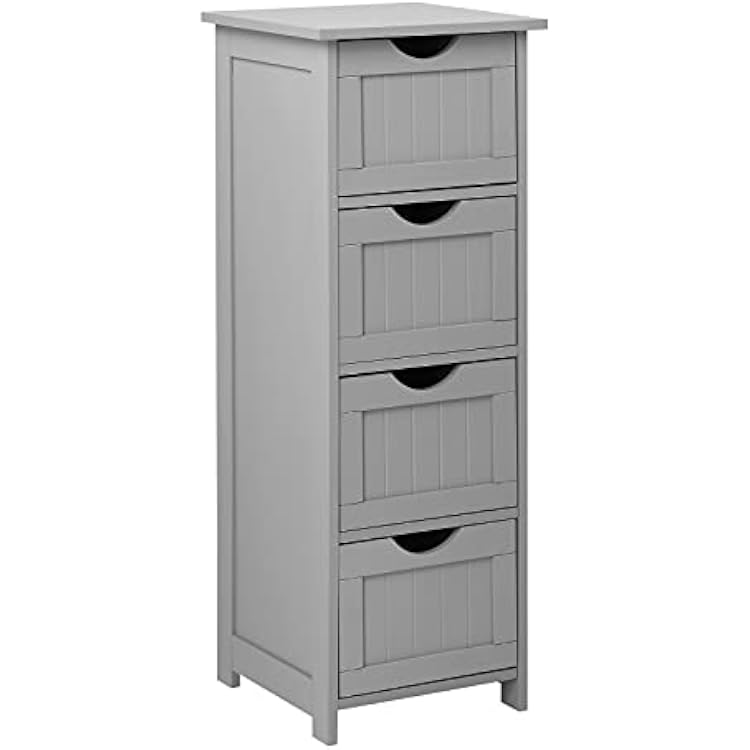 Bonnlo Skinny Bathroom Floor Storage Cabinet, 12 Inch Wide Deep Small Storage Organizer with 4 Drawers, Wooden Modern Grey Thin Free Standing Tower Cabinet w 4 Cute Drawers for Bathroom, Living Room