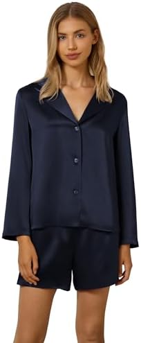 Mommesilk Real Silk Pajamas for Women Long Sleeve with Shorts Button Up Cute 100% 2 Piece Silk Sleepwear Washable