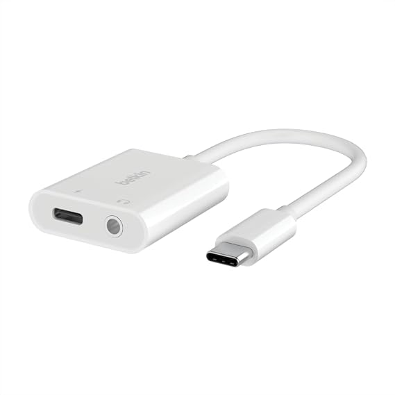 Belkin RockStar™ 3,5 mm Ses + USB-C® Şarj Adaptörü, USB-C 60W Güç Dağıtımlı Kulaklık Adaptörü iPhone 15, iPad Pro, Galaxy, Note, Google Pixel, LG, Sony Xperia ve Daha Fazlası İçin Hızlı Şarj - Beyaz | Kulaklık jakı artı USB-C şarj geçişi, iPad Pro, Galaxy, Pixel, LG, Sony Xperia, OnePlus ile uyumlu