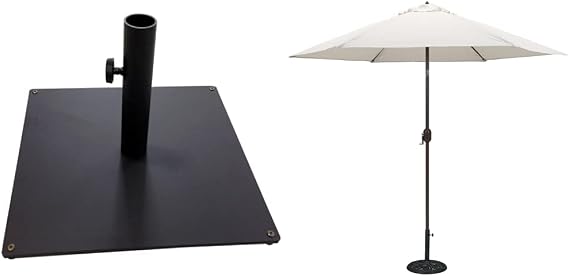 Steel Plate Umbrella Base, 36 lbs, Black 9 ft Bronze Aluminum Patio Umbrella with Antique White Polyester Cover