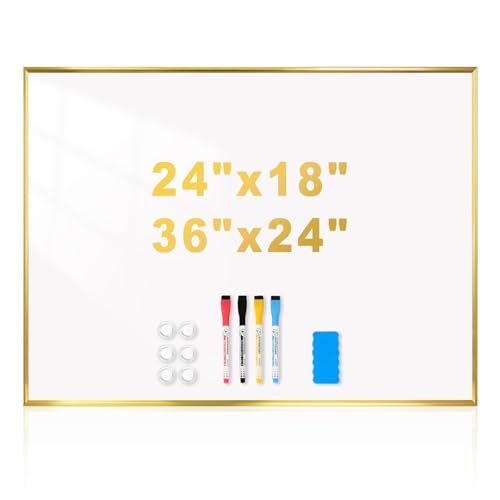 Magnetic Whiteboard, 36x24 Gold Aluminum Frame Dry Erase White Board for Wall, Large Wipe Board with 6 Magnets, 4 Markers & 1 Eraser for Home and Office