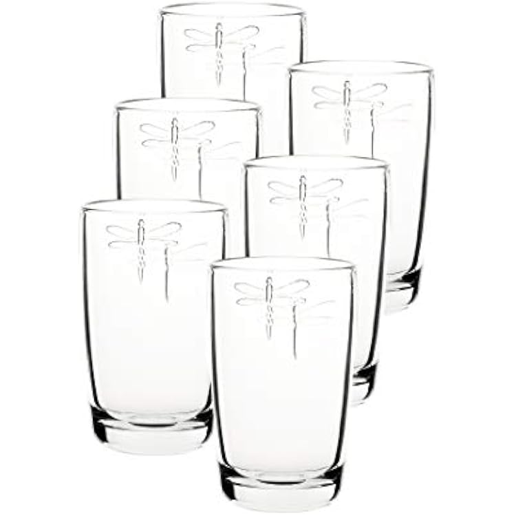 La Rochere Dragonfly Long Drink Glasses Set of 6 French Pressed Glass Tumblers wEmbossed Dragonfly Motif Elegant, Country-Inspired Stemware for Water, Cocktails & Everyday Entertaining 13.5 Oz