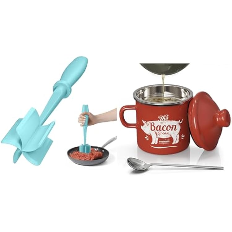 Blue Meat Chopper and Red Mini 15OZ Bacon Grease Container