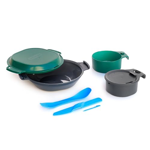 humangear GoKit Deluxe - 8-Tool Personal Mess Kit, Lightweight Camping Dish Set, Backpacking Utensils, Dual-Mode Insulated Cup, Snap-Together Bowl & Plate System with Knife & cupCUP