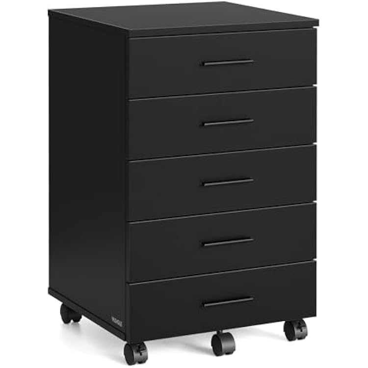 VASAGLE File Cabinet, Mobile Pedestal Filing Cabinet with Wheels, Printer Stand with 5 Drawers, Tool-Free Sliding Rails, for Study, Home Office, Ink Black UOFC081BC02