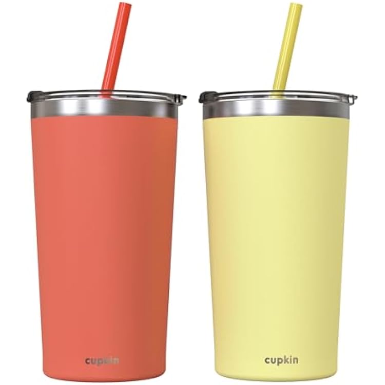 CUPKIN Stainless Steel Insulated Tumbler with Lid and Straw, 20 oz Stainless Steel Cups, Set of 2 Travel Coffee Mug for Adults, Iced Coffee Cup with Lid, Tumbler for Travel Coral  Yellow
