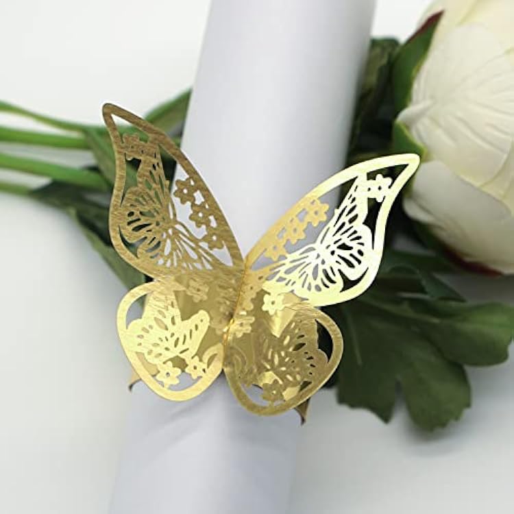 Butterfly Gold Paper Napkin Rings Set of 100 pcs,3D Laser Cut Foil Cutout Paper Napkins Holder,Disposable Serviette Rings for Tables,Decorations,Wedding,Dinner,Party Decor, TYPE1