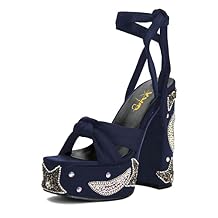 XYD Women Elegant High Chunky Heel Star Moon Studded Rhinestones Platform Sandals Open Square Toe Lace Up Strappy Pumps Evening Party Shoes