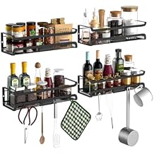 Spice Rack Wall Mount with Hooks - Spice Racks Organizer for Cabinet Storage, Wall Mounted Hanging Shelf Seasoning Organizer, for Kitchen, Pantry Door, Bathroom (Black, 4 Pack)
