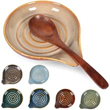 Ceramic Spoon Rest for Stove Top,Large Spoon Holder, Cooking Utensil Rest for Kitchen Counter, Farmhouse Kitchen Accessories for Ladle, Spatula rest(6.3 Inch with handle) (Brown)