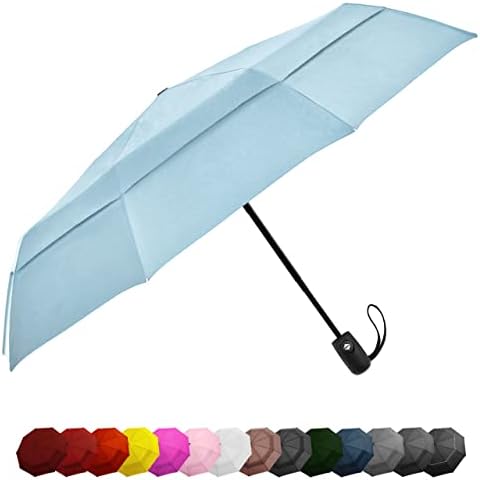Windproof Compact Umbrella for Rain - 42 Travel Umbrella, Portable, Strong, Collapsible to 11, Automatic Open Close Button, Vented Double Canopy with FiberglassSteel Frame, Wind Resistance to 55MPH