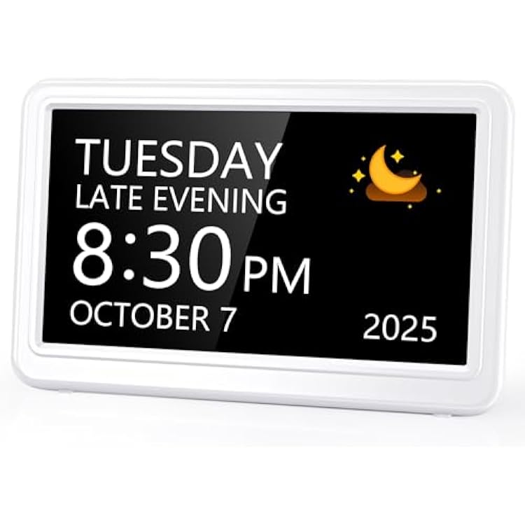 Raynic Digital Clock, 7 Digital Calendar Day Clock for Seniors, Dementia Clock with 20 Custom Alarms & Reminders,12 Themes, Auto DST, Dimmable Dementia Alzheimers Clock for Elderly