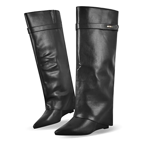 LISHAN Womens Wedge Boots Pointy Toe Slouchy High Heels