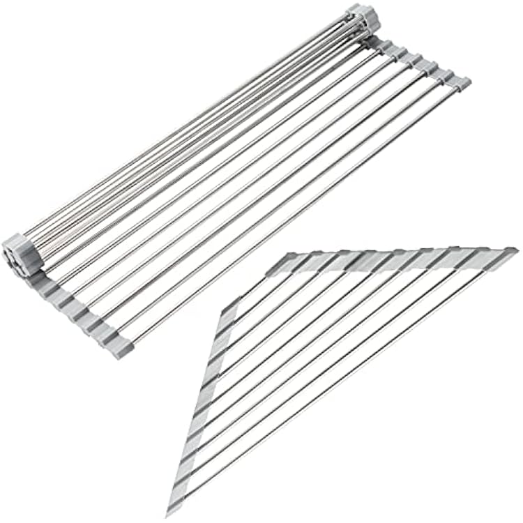 Dish Drying Rack Roll Up Over The Sink for Kitchen Counter Multipurpose Roll Drainer 304 Stainless Steel Roll-Up Foldable Rolling Racks-1 Large18.5x11.8 & 1 Small Gray Portable Dish Rack