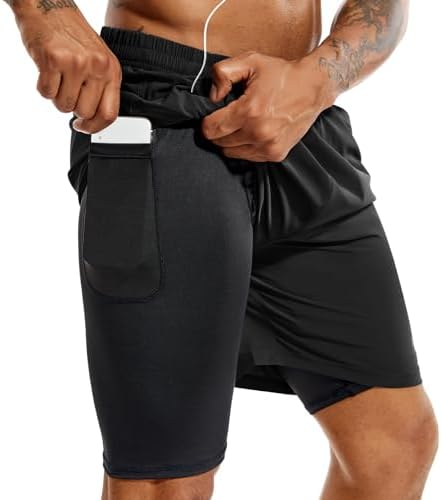 TENJOY Mens 2 in 1 Running Shorts 5 in or 7 in Quick Dry Gym Athletic Workout Shorts for Men with Phone Pockets