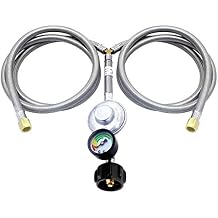 5FT Y-Splitter Low Pressure Propane Regulator Double Hoses for Kitchen Gas Appliances (Grill & Side Burner) & Heater - Type-1 (QCC1) Tank Connect & Gauge,3/8" Female Flare Nut