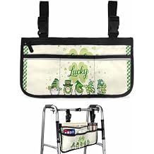 St. Patrick's Day Wheelchair Side Bag Walker Bag, Lucky Gnomes Clover Green Plaid Striped Wheelchair Accessories Armrest Pouch, Organizer Storage Bag for Walkers, Rollators, Scooters, 7.3''x13''