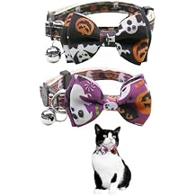 GoldTiger Mixed Styles Shipped,2 Pack Halloween Cat Collars Breakaway with Bow and Bell,Adjustable Cat Collars,Holiday Bow Tie Collar for Girls and Boys,Adjustable from 7.87"-11.81" (Black & Purple)