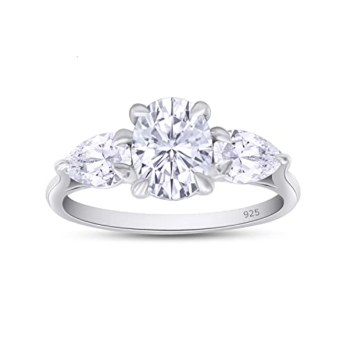 SAVEARTH DIAMONDS 2 Carat 8X6MM Oval & 6X4MM Pear Cut Lab Created Moissanite 3-Stone Engagement Ring In 14K Gold Over Sterling Silver VVS1 Clarity, 2 Cttw