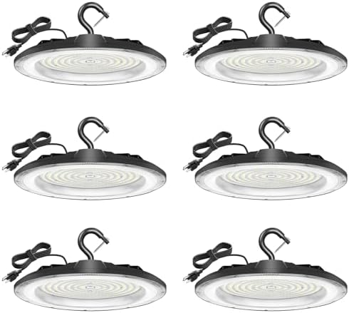 GoBright 6-Pack 250W UFO LED High Bay Lights, 35000LM High Bay Led Shop Lights with Plug 5ft Cable, Hanging Hook, 13inch LED Garage Lighting for Workshop Warehouse Factory Barn, 5000K Daylight White