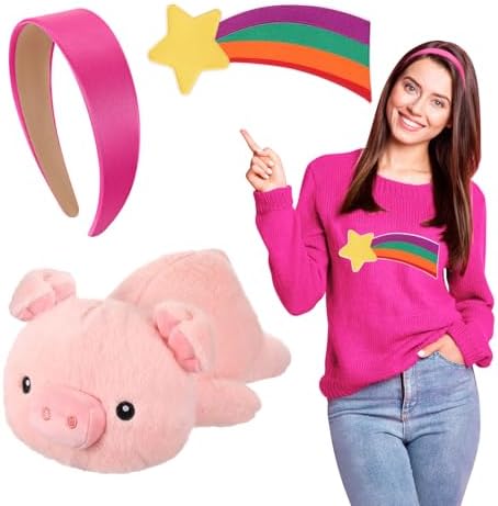 JenPen 3 Pcs Women Rainbow Halloween Costume Accessories Star Large Shooting Star Patch Meteor Rainbow Sweater Patch Stain Pink Headband Pig Stuffed Animal Halloween Cosplay Party Outfit Accessories