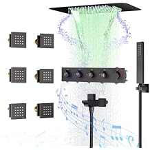 Matte Black Thermostatic Shower System with Body Jets, Ceiling Mounted Shower Faucet Set for Bathroom with 23 Inch LED Rainfall Shower Head and Handheld