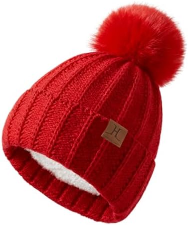 Womens Winter Hat with Pom Pom, Knit Fleece Beanie Hats for Women Cold Weather, Warm Toboggans Cap