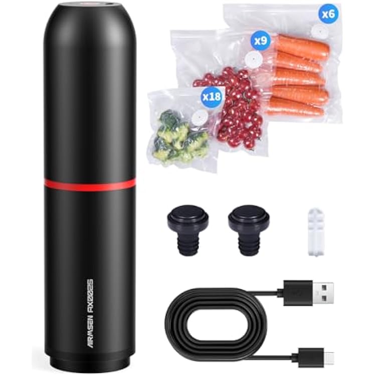 AIRMSEN Handheld Vacuum Sealer for Food with 33 PCS Reusable Bags and 2 PCS Vacuum Wine Sealer for Food Preservation & Fresh, Kitchen Leftover Preservation, Meal Prep and Sous Vide Cook