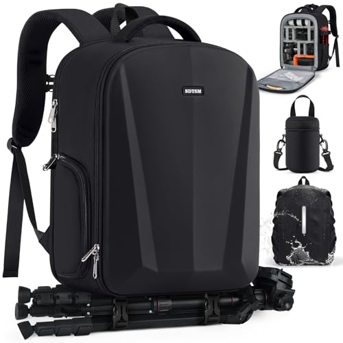 SDYSM Camera Backpack, Hardshell DSLRSLR Camera Bag with Lens Pouch & 15.6 Laptop Compartment Waterproof Camera Case with Rain Cover Photography Backpack Compatible for CanonNikonSonyDrone Black