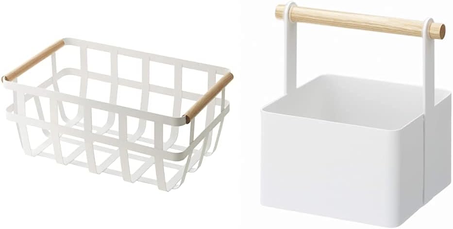 2507 Storage Basket-Dual Handle Organizer, One Size, White & Storage Basket - Wood Handle Organizer, White, White, Small