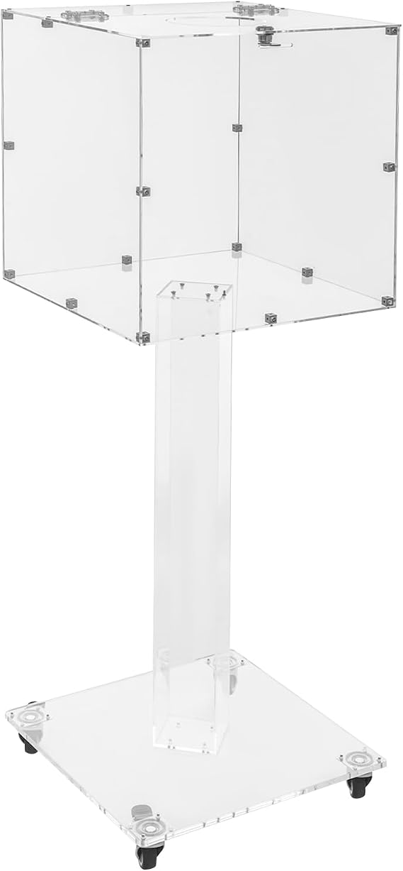 Suggestion Box with Stand, 14" X 14" Acrylic Offering Box with Lock & Key, Wheels, Locking Ballot Collection Safe Boxes with Round Hole for Voting Contest Charity Donation (Clear)