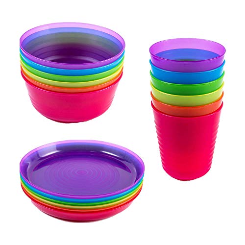 Kids Plastic Dinnerware Set of 18 Multi Color Pieces Plates, Bowls, and Cups - Reusable, BPA-Free, Dishwasher Safe and Microwaveable