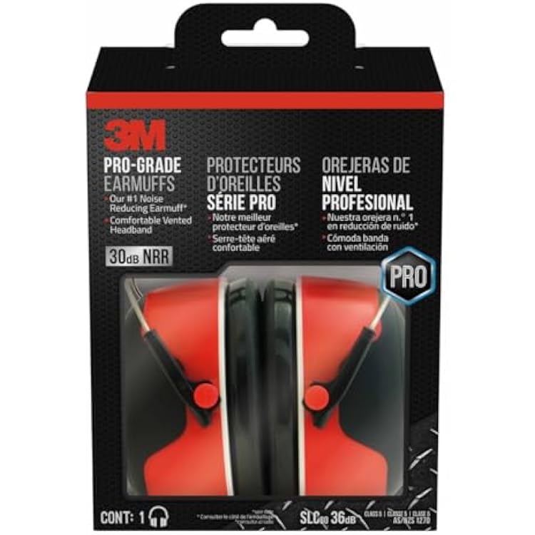 3M Pro-Grade Earmuff, Noise Reduction Rating NRR 30 dB, Lightweight & Adjustable Ear Muffs, Reduce Pressure Points For All-Day Comfort, Steel Wire Headband With Rubber Overmold Design 90565-4DC-PS