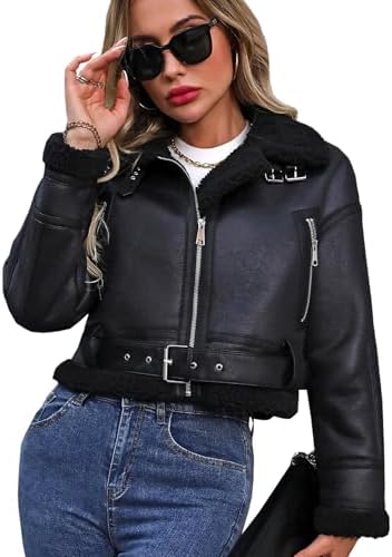 Winter Women Faux Lamb Fur Leather Jacket Warm Fur Lined Zipper Cropped Bomber Aviator Coat