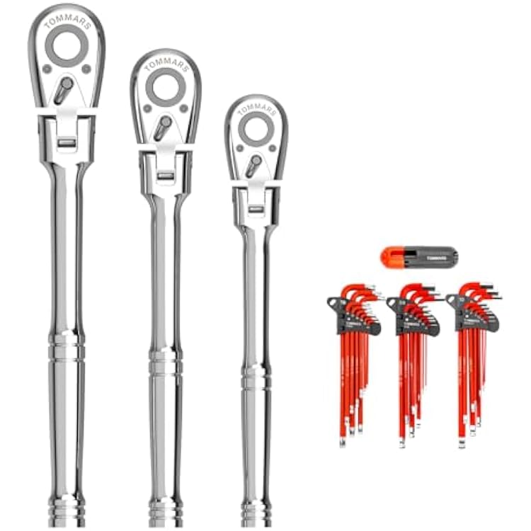 TOMMARS Flex-Head Ratchet Set, 14, 38, 12 Drive Ratchet & Hex Key Set Magnetic Ball End S2 Steel