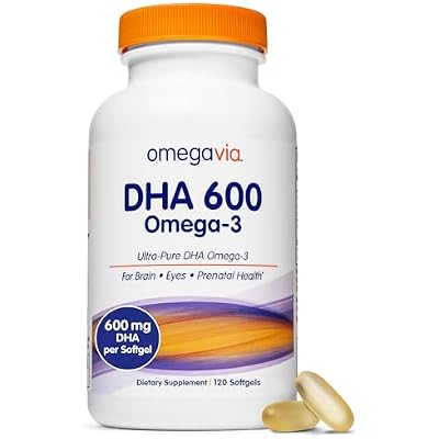 OmegaVia DHA 600 mg, Ultra Pure Omega-3 DHA Supplements for Brain and Eyes, DHA Prenatal Vitamins for Women, Burpless Fish Oil Omega 3, IFOS Tested, 120 Softgels