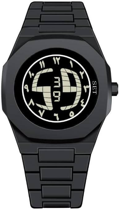 Arabic Numerals Men's Digital Wristwatch – Black Round Dial with LED Display, Splash Proof, Adjustable Strap, Unique Middle Eastern Style Watch for Casual or Business Wear, Gift Box Included