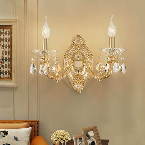 Gold Crystal Contemporary Wall Lights - Beside 2 Lights Sconce Light, Decorative Wall Lamp Light Fixtures for Bedroom, Living Room, Foyer