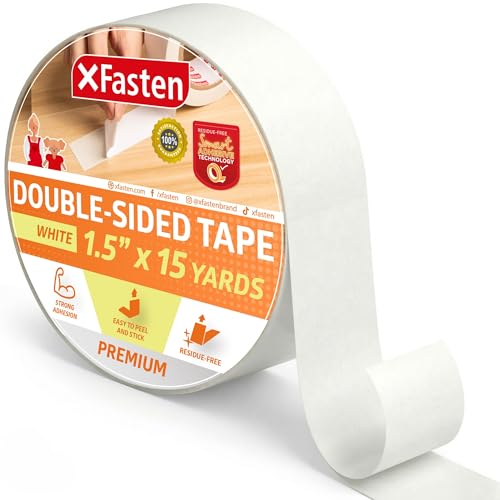 XFasten Double Sided Tape, Removable, 1.5-Inch by 15-Yards, Single Roll, Double Sided Adhesive Tape for Arts and Crafts, Woodworking, and Holding Down Carpets - Residue-Free