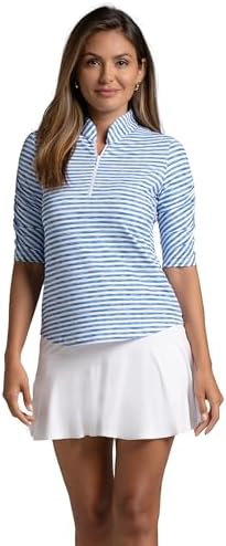 IBKUL Athleisure Wear Sun Protective UPF 50 Icefil Cooling-Landon Stripe II Print Ruched Elbow Sleeve Top-41164