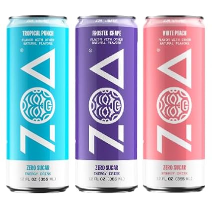 Z0A-Energy Drink, Zero Sugar, Variety Pack, 12 fl oz Cans (9 Count) 3 Each of White Peach, Frosted Grape & Tropical Punch 160mg Natural Caffeine Gluten-Free & Keto-Friendly