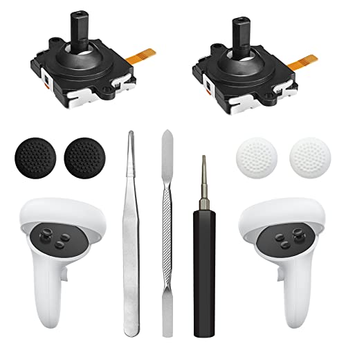 Joystick Replacement Kit for Oculus Quest 23 Controller, Repair Kit for Meta Quest 23 Controller, Include 2 Joysticks, T5 Screwdriver, Tweezer, Pry Tool, 4 Thumbstick Grips Black-11-in one